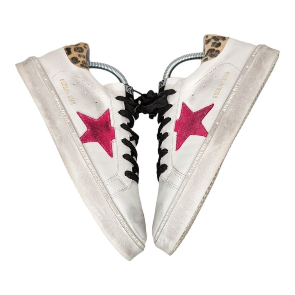 Golden Goose Hi Star - Pink Star, White Leather, Leopard Trim - Size 39